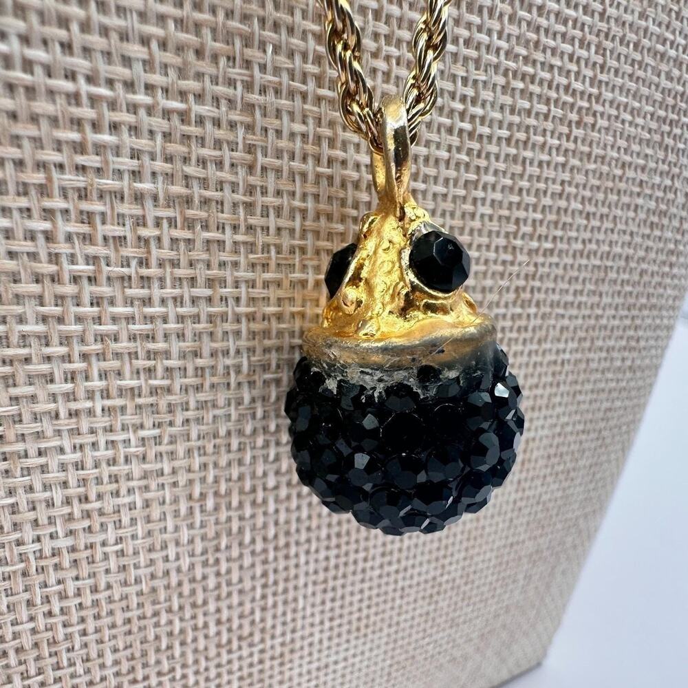 Vintage 80s Gold Tone Black Rhinestone Disco Ball Pendant Twisted Chain Jewelry - Picture 6 of 9